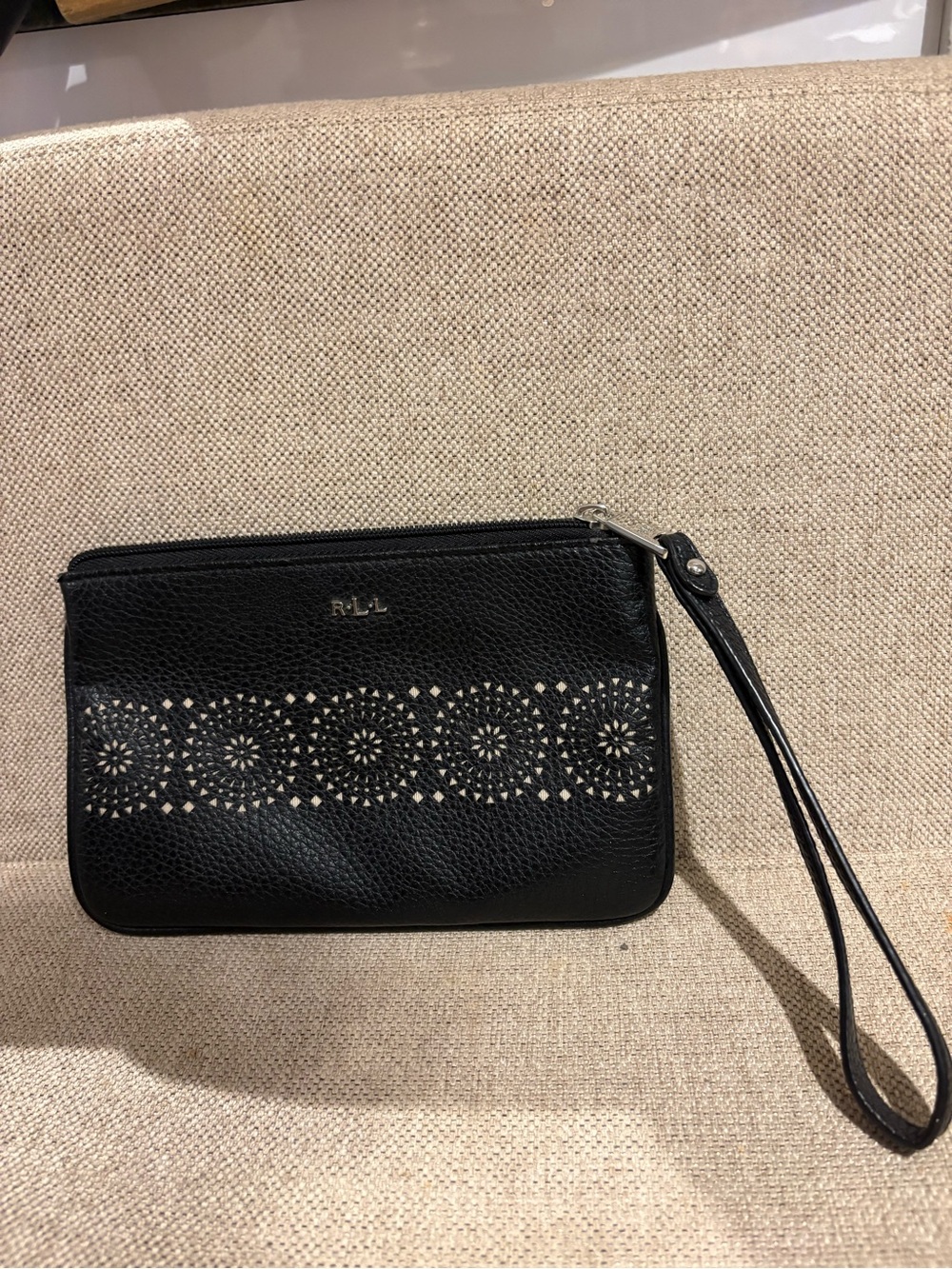 Ralph Lauren Black Leather Wristlet Clutch with Perforated Floral Band